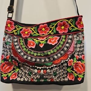 Embroidered Black Floral Crossbody Bag - Vibrant Pink Accents